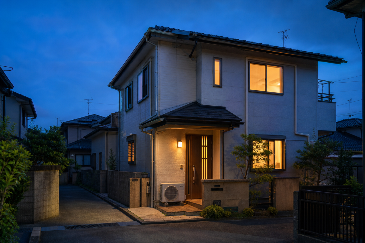灯りのともる住宅と室外機のイメージ